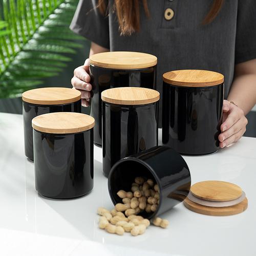 北欧厨房陶瓷密封罐食品调料竹盖储存罐茶叶零食干果收纳罐批发